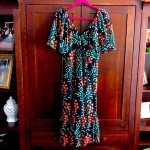 Pre-owned Dress The Population Embroidered Floral Ruffle Midi Dress (LARGE)